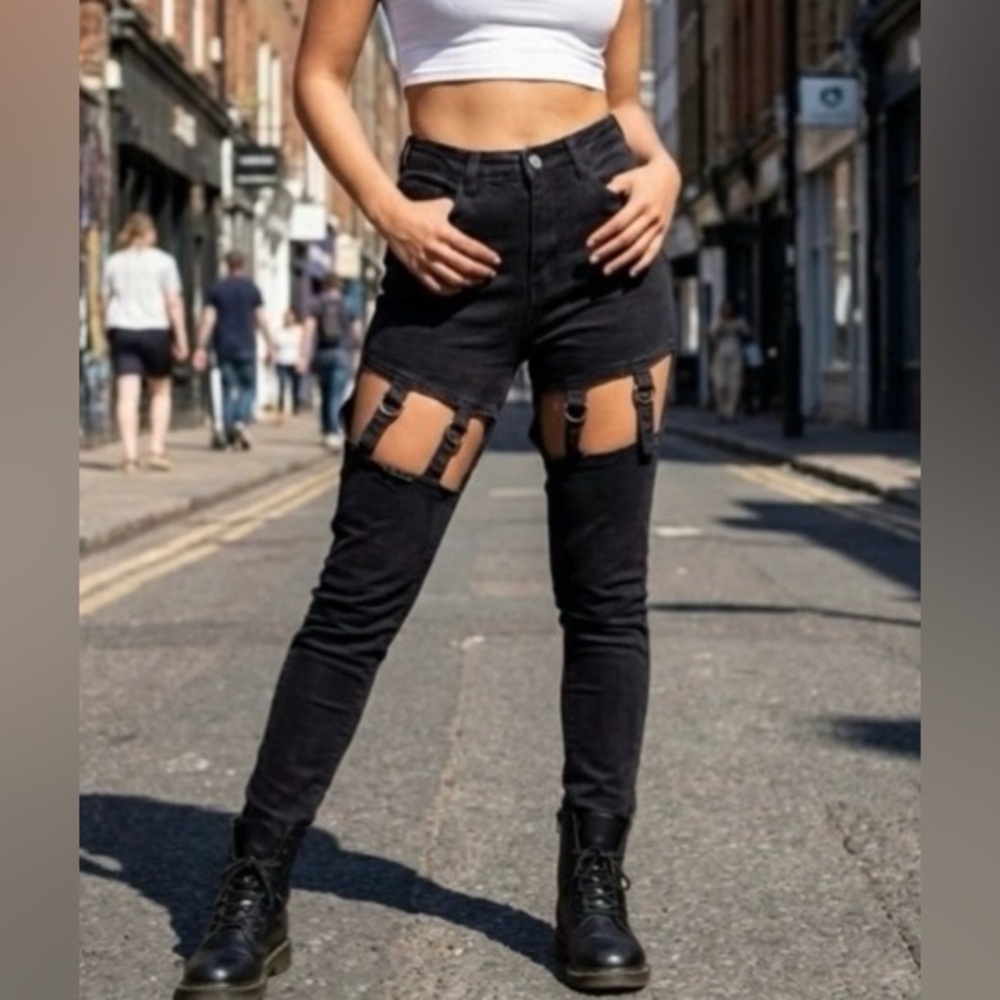 SHEIN Black High Waist Cut Out Thigh Buckle Skinny Jeans Women’s XS Grunge